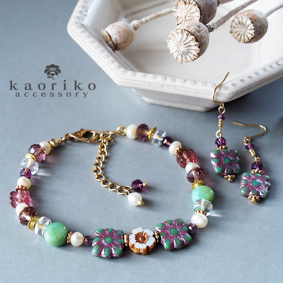 ギフトにも◇フラワーブレスレット＆ピアス セット ブレスレット 