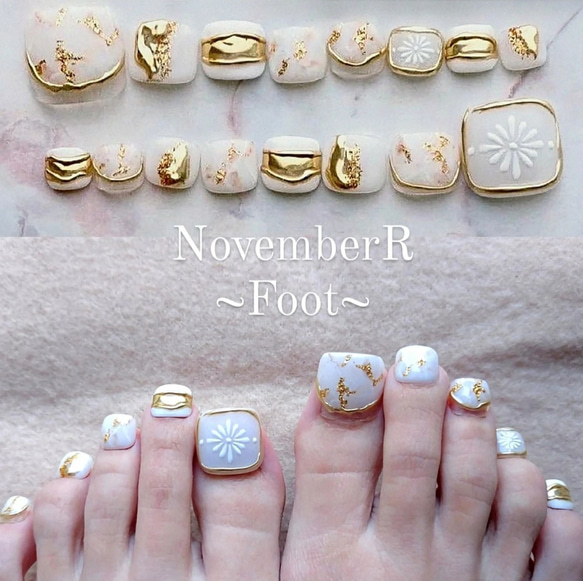 FA136⭐︎ゴールド×ホワイト大理石フットネイルチップ ネイルチップ