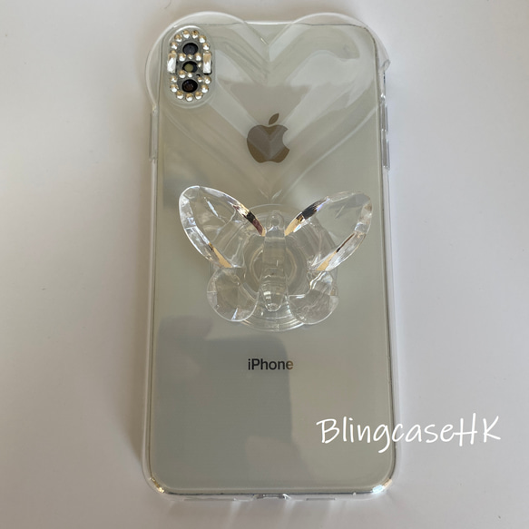 キラキラ ラインストーン 蝶スマホスタンド スマホグリップ iPhone14 15 ケース ハート クリア スマホケース 5枚目の画像
