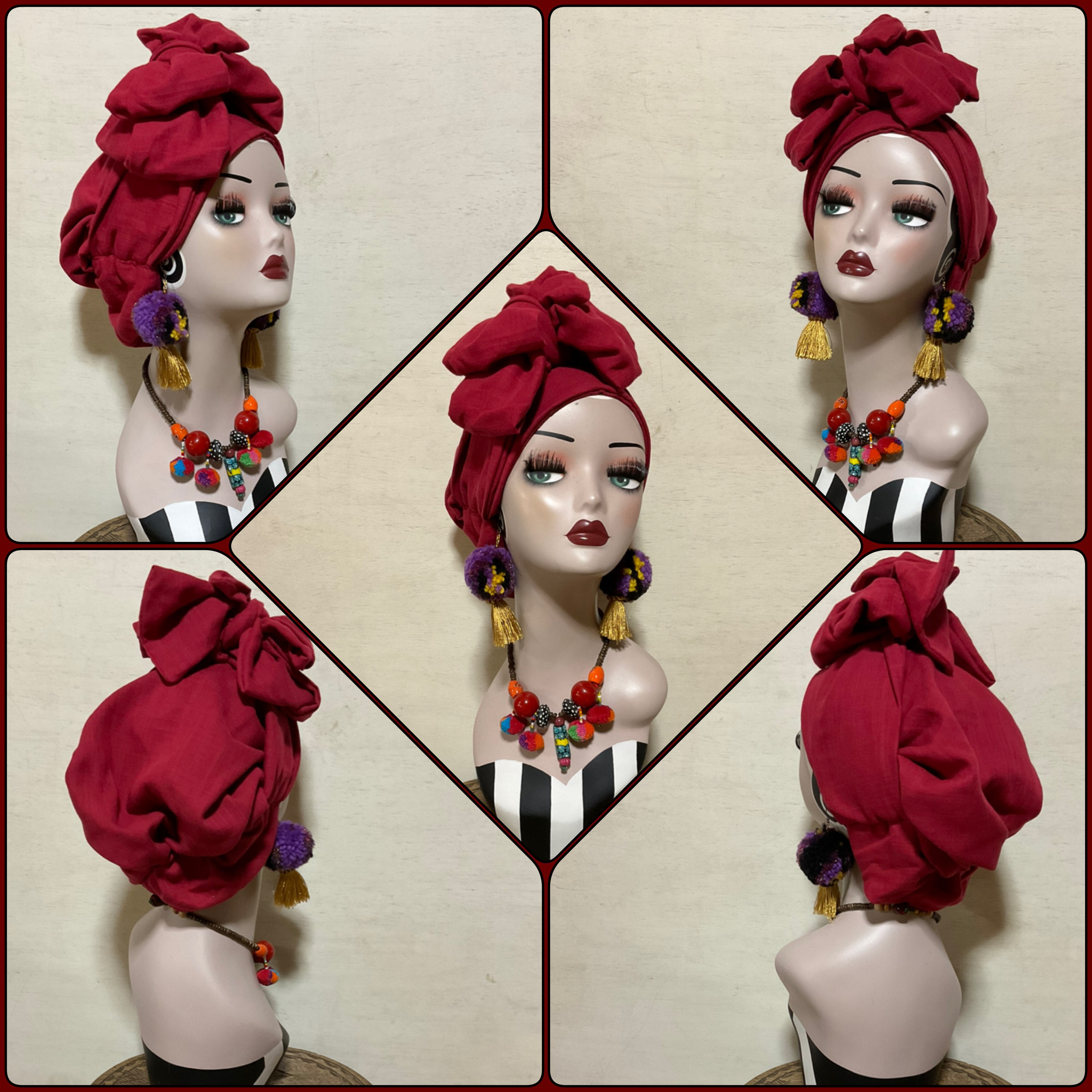 新作　ワインレッド　顔まわりフラット　ロングリボンアレンジ帽子ターバン