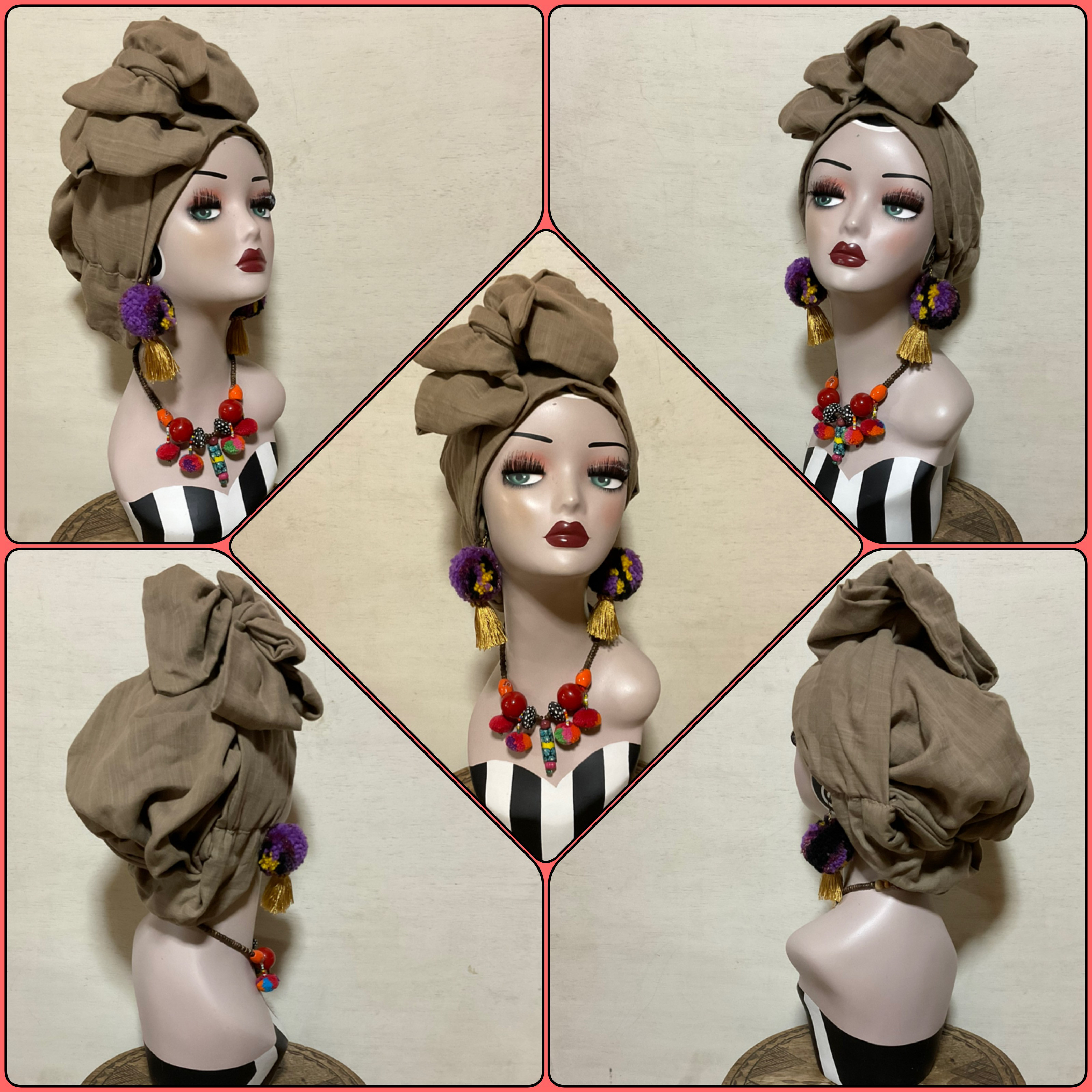 新作　グレージュ　顔まわりフラット　ロングリボンアレンジ帽子ターバン