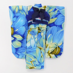 【リカちゃん用着せ替え服】花柄の着物・ブルー・振袖・帯セット 5枚目の画像