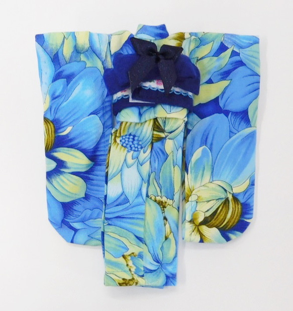 【リカちゃん用着せ替え服】花柄の着物・ブルー・振袖・帯セット 5枚目の画像