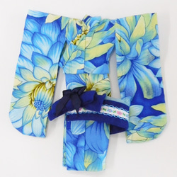 【リカちゃん用着せ替え服】花柄の着物・ブルー・振袖・帯セット 6枚目の画像