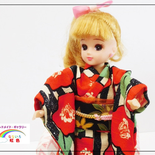 リカちゃん用着せ替え服】花柄の着物・ツバキ大・赤系黒