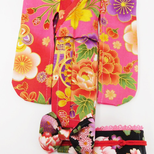 リカちゃん用着せ替え服】花柄の着物・ピンク系の花・牡丹・梅・振袖