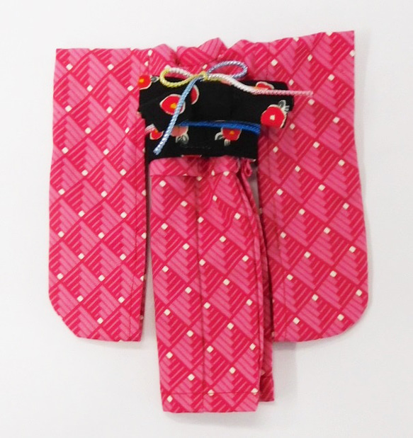 【リカちゃん用着せ替え服】幾何学模様の着物・スクエア・ピンク・振袖・帯セット 5枚目の画像