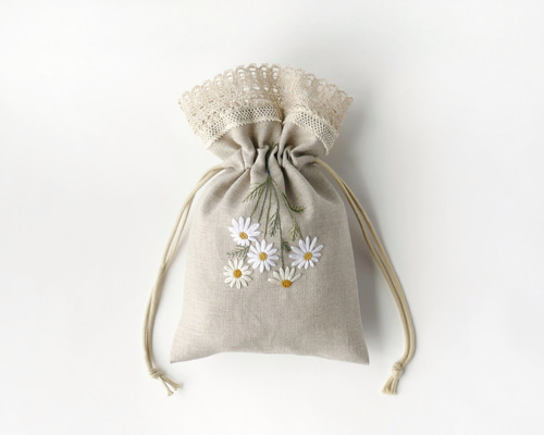 巾着袋 哺乳瓶ケース お着替え袋 ヌビ マーガレット刺繍 ハート