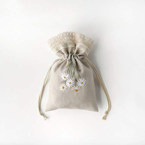 名入れ》マーガレットスワッグ＊リネンの手刺繍巾着ポーチ 巾着