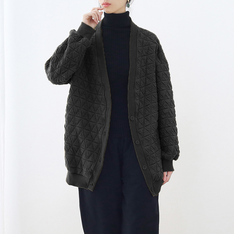 暖かいキルティングのゆったりカーディガン ブラック we-281bk