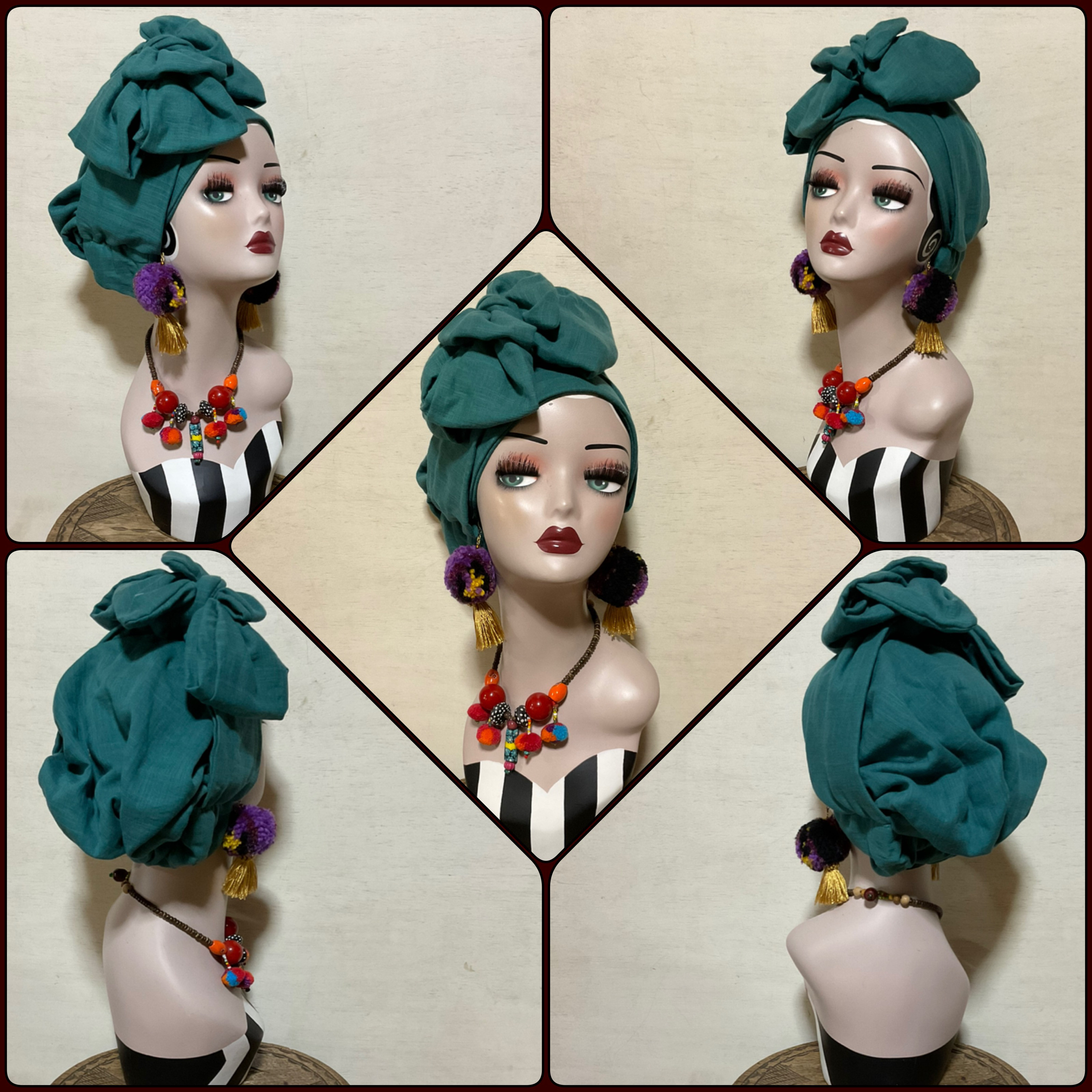 新作　ターコイズ　顔まわりフラット　ロングリボンアレンジ帽子ターバン