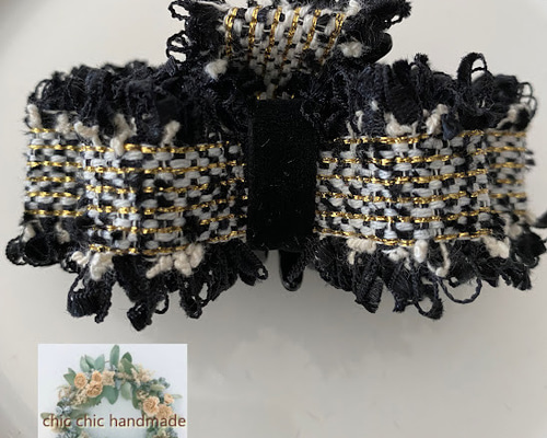 ツイードリボンのバンスクリップ＊ブラック ハーフアップサイズ ヘア