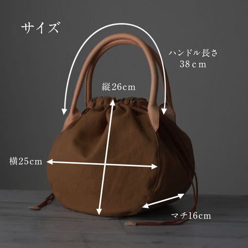本革×帆布 長財布も入るぽってり巾着バッグ ハンドバッグ レディース