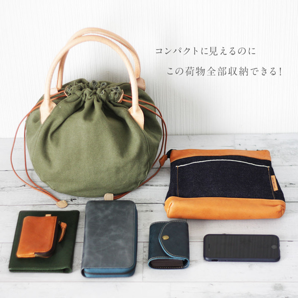 本革×帆布 長財布も入るぽってり巾着バッグ ハンドバッグ レディース 両絞り 大人可愛い プレゼント 母の日 B-300 8枚目の画像