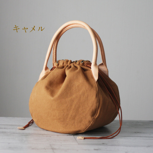 本革×帆布 長財布も入るぽってり巾着バッグ ハンドバッグ レディース