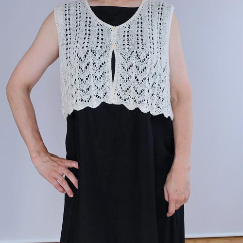 編み図】リネン透かし模様丈短ベスト「雫」 編み図・パターン mimosa