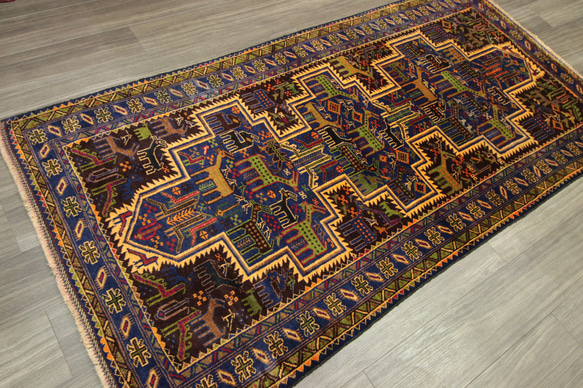 動物モチーフの楽園デザイン　アフガニスタン　部族絨毯　トライバルラグ　オールド手織り絨毯　110x215cm　＃237 10枚目の画像