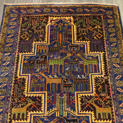 動物モチーフの楽園デザイン　アフガニスタン　部族絨毯　トライバルラグ　オールド手織り絨毯　110x215cm　＃237 2枚目の画像