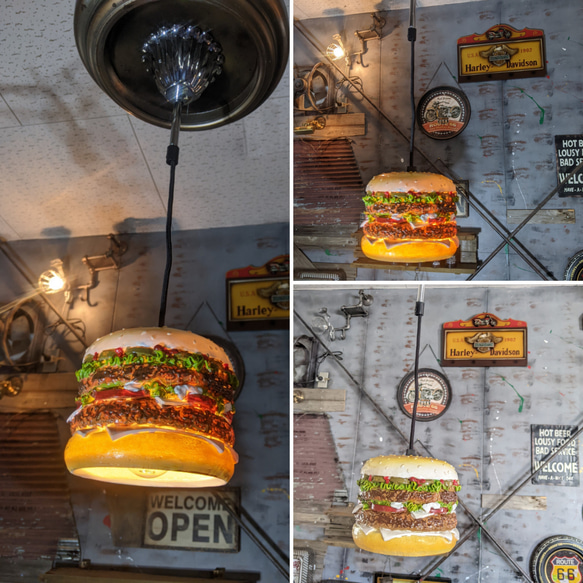 アメリカンダイナー/ バーガーズカフェ シーリングライト/ ハンバーガー ペンダントランプ/ #吊り下げ式ライト #店舗 3枚目の画像