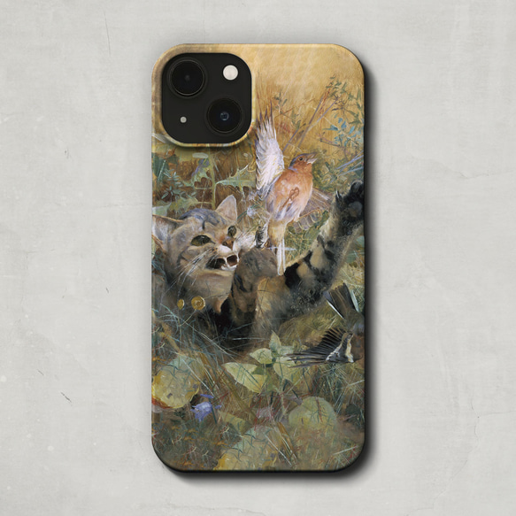 スマホケース / ブルーノ リリエフォッシュ「猫 と ズアオアトリ」 iPhone 全機種対応 アニマル 絵 レトロ 1枚目の画像