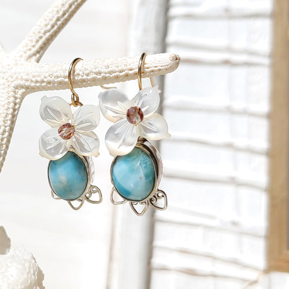 ❁Larimar＆flower earrings 14kgf＆silver925❁ 2枚目の画像