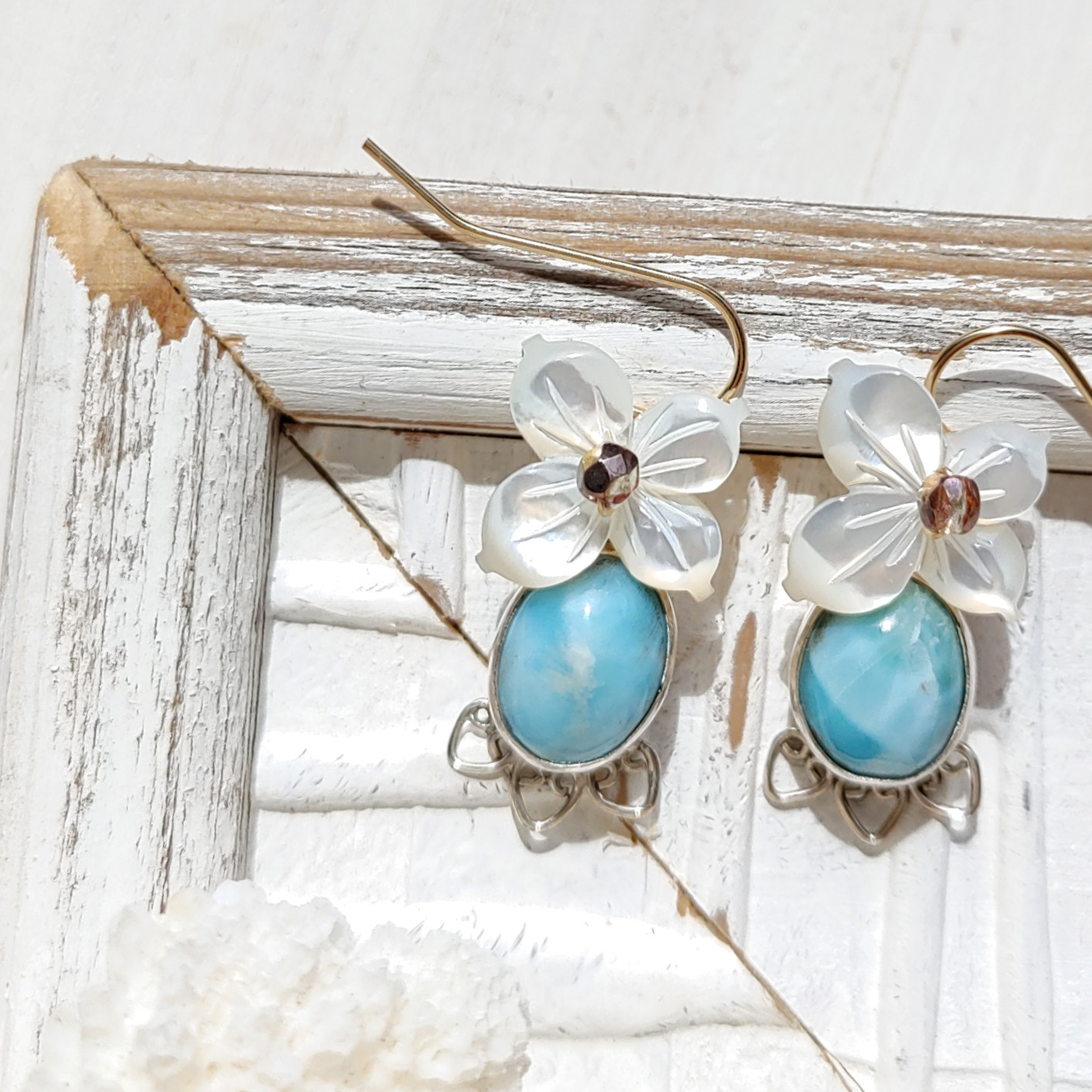 ❁Larimar＆flower earrings 14kgf＆silver925❁