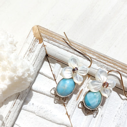 ❁Larimar＆flower earrings 14kgf＆silver925❁ 4枚目の画像