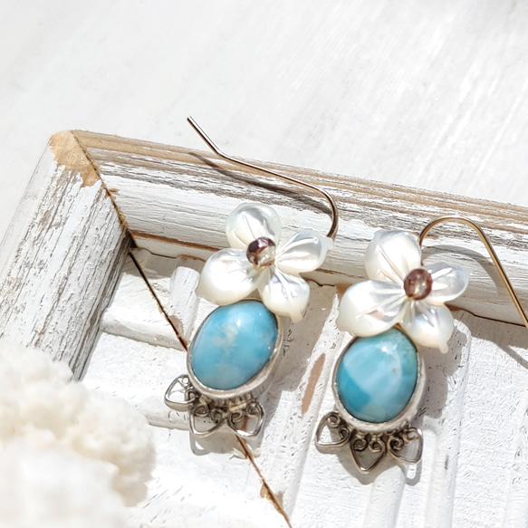 ❁Larimar＆flower earrings 14kgf＆silver925❁ 6枚目の画像