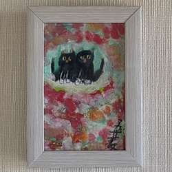 絵画。原画☆キャンバスF6【黒猫はプレゼントを持って花が咲く日を迎え