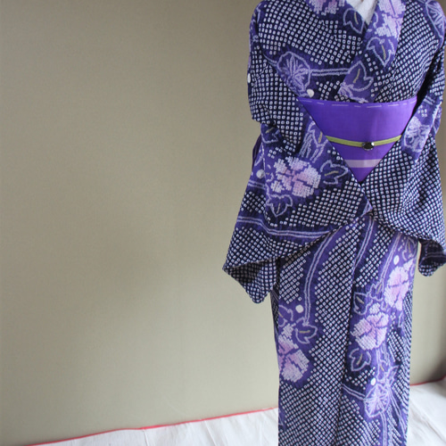 ◇現代 有松鳴海絞 浴衣◇【藤×青紫】朝露に煙る朝顔のよう