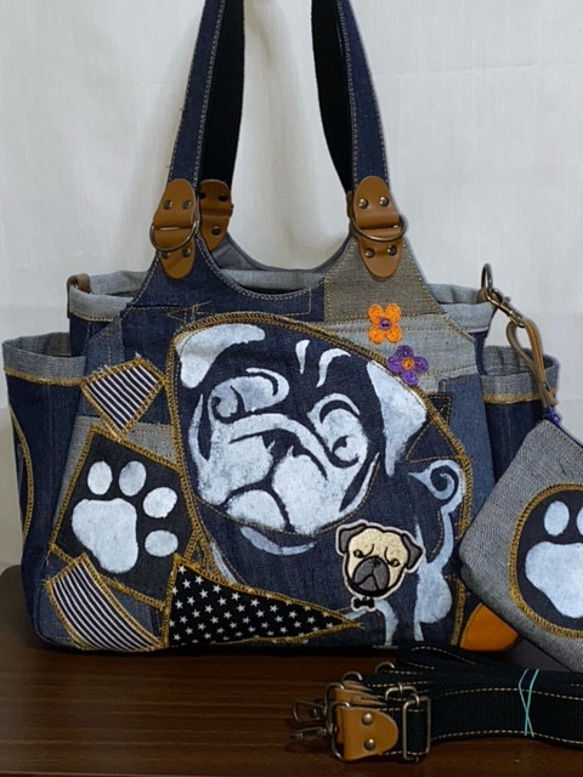 ハンドメイド☆岡山デニム&パッチ☆パグ☆ステンシル☆4wayあおり  