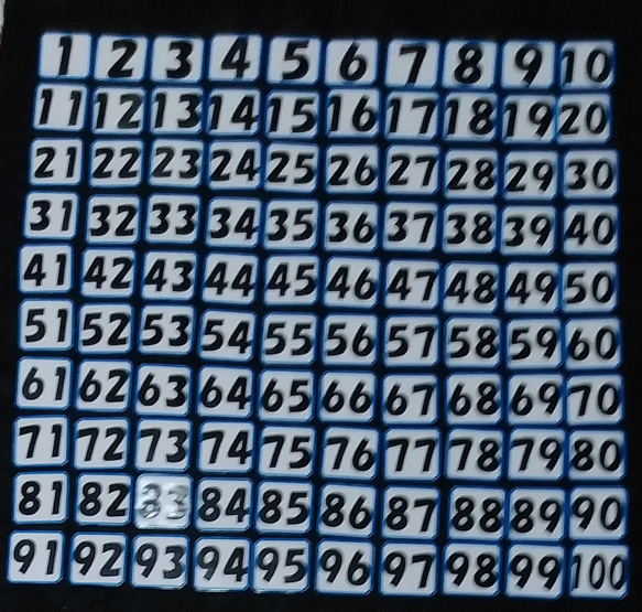 1から100までの数字 100枚＋6枚（＋－×÷∧＝）ラミネートしてい