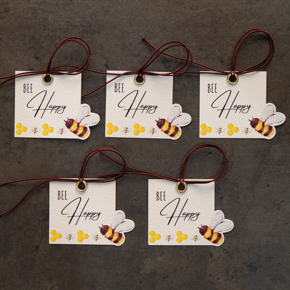 【趣。要快樂呦】禮物標籤 Bee happy 米色紋路厚磅藝術紙 質感小卡 第2張的照片