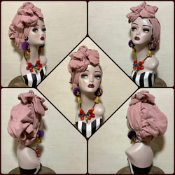 新作 マスタード 顔まわりフラット ロングリボンアレンジ帽子ターバン