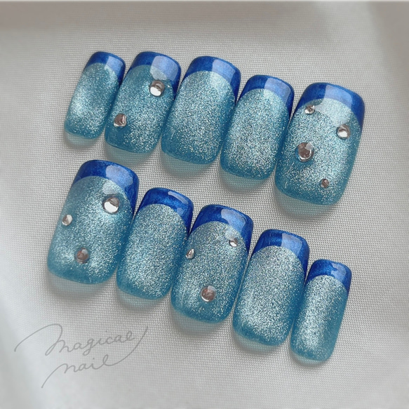 ブルーフレンチネイル ライブ 青 水色 マグネット キラキラ ラメ 普段