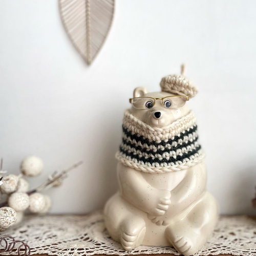 しろくま貯金箱 冬のポンチョ ボーダー 濃緑 北欧 その他インテリア