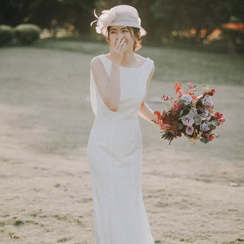 ノースリーブ サテンシンプル マーメイドウエディングドレス ドレス  