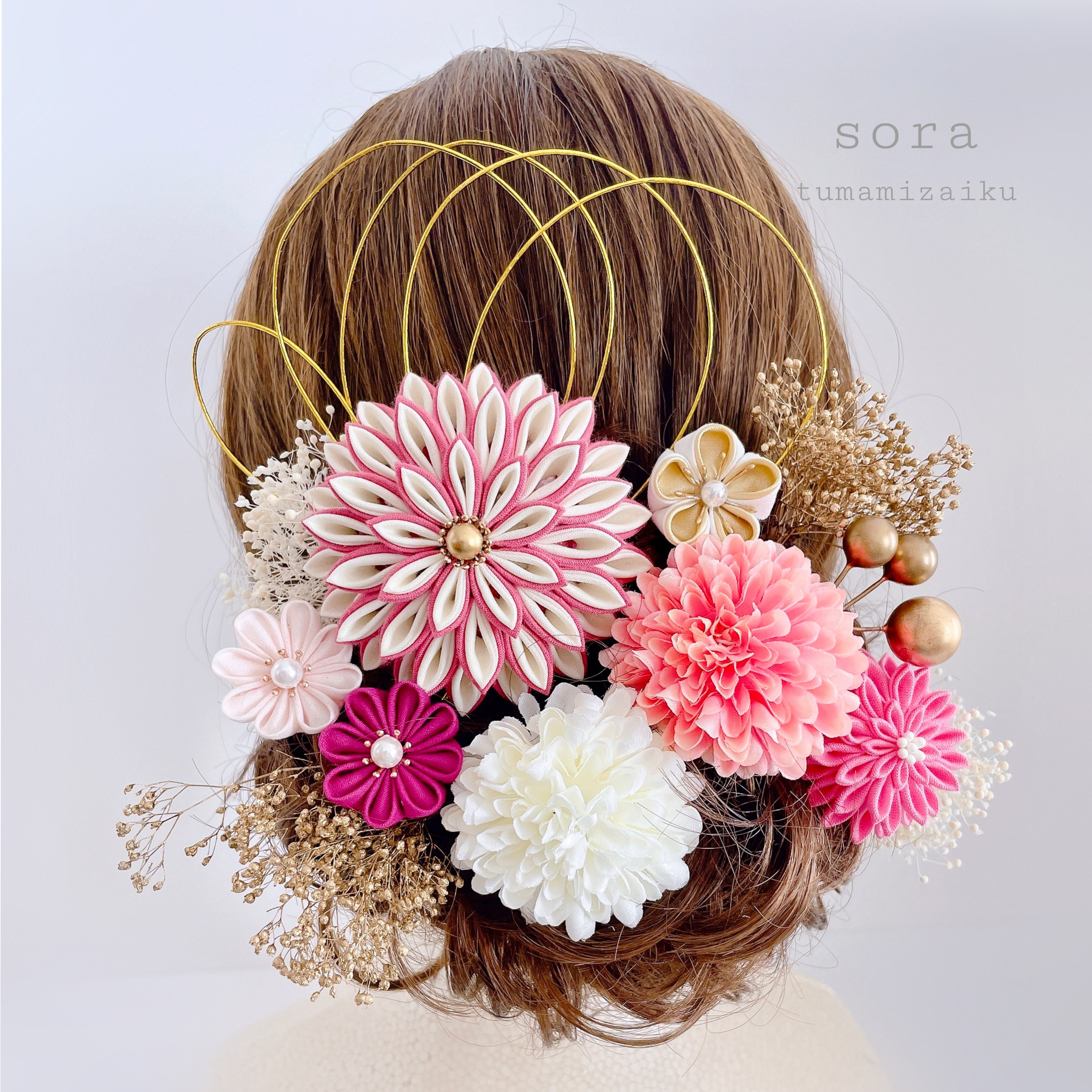 つまみ細工　髪飾り　ポンポンマム　【ピンク×アイボリー】成人式　結婚式　和装　七五三　卒業式　振袖　ヘッドドレス