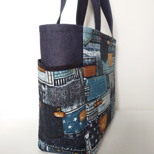 岡山デニム×タグデニムパッチワーク風 サイドポケット 肩掛けトート