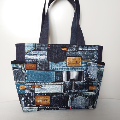 岡山デニム×タグデニムパッチワーク風 サイドポケット 肩掛けトート