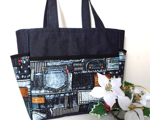 岡山デニム×タグデニムパッチワーク風 サイドポケット 肩掛けトート