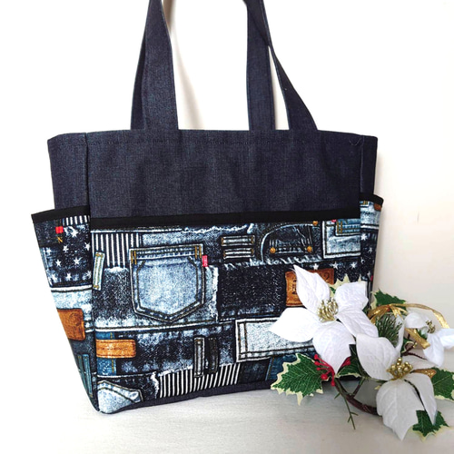 岡山デニム×タグデニムパッチワーク風 サイドポケット 肩掛けトート