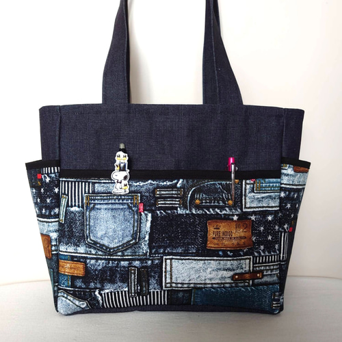 岡山デニム×タグデニムパッチワーク風 サイドポケット 肩掛けトート