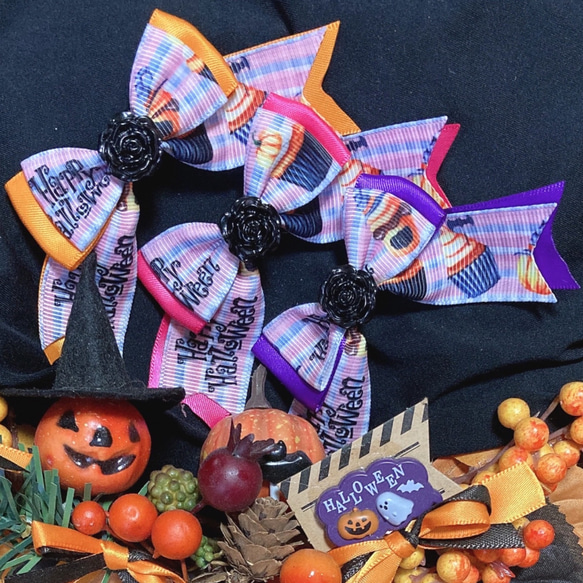 ハロウィンリボンヘアゴムNo.12☆サテンオーガンジー☆パープル ☆送料