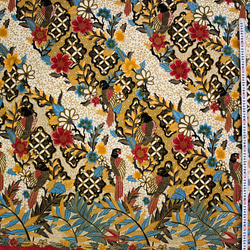 バティック 生地 インドネシア ジャワ更紗 絵画のような鳥と花のモチーフ レッド 2枚目の画像