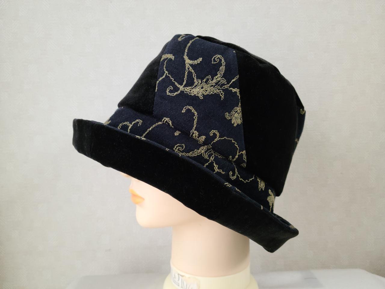 魅せる帽子☆コーデュロイプリントとビロードのバイカラークロッシュ～ブラック