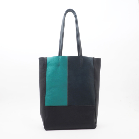 ＜即納＞肩掛け3color bag（黒×エメラルドグリーン）/山羊革/T066 1枚目の画像