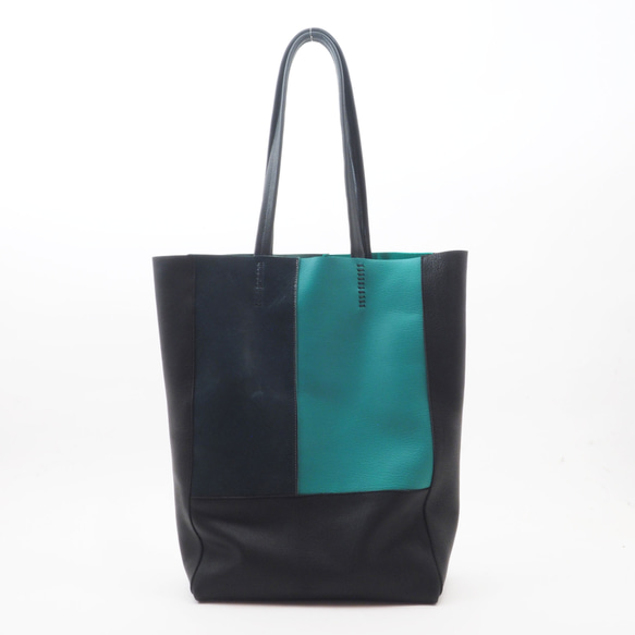 ＜即納＞肩掛け3color bag（黒×エメラルドグリーン）/山羊革/T066 2枚目の画像