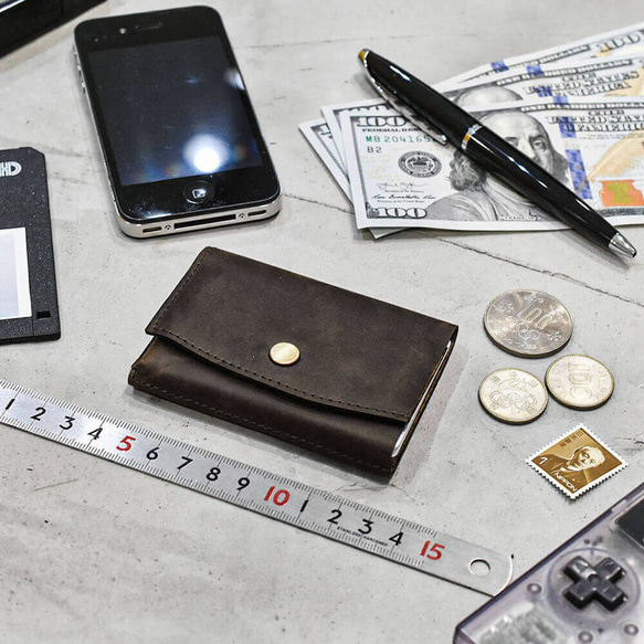 【限1件】附皮革錶帶！迷你錢包，小巧，收納，硬幣，紙幣，鑰匙，日常用品，空手口袋，小號，棕色 第2張的照片