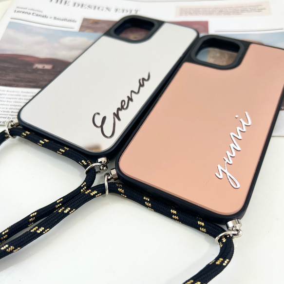 便利なストラップ付き♪お洒落なフォントで名入れＯＫ♡ミラーiPhoneCase 4枚目の画像